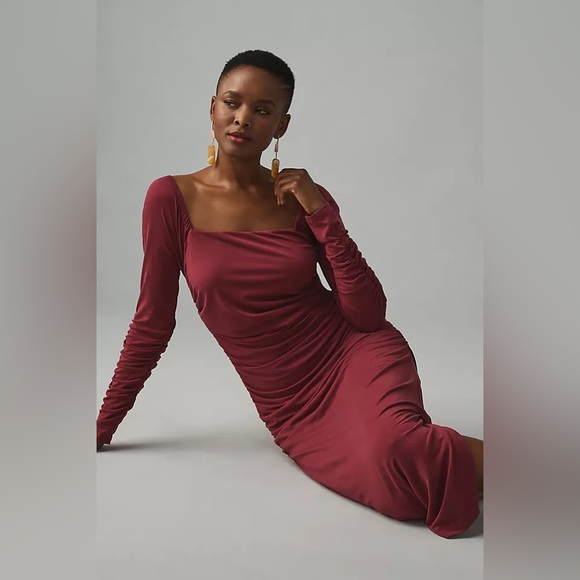 ✨ Anthropologie Ruched Square-Neck Dress Sz L - Picture 2 of 6